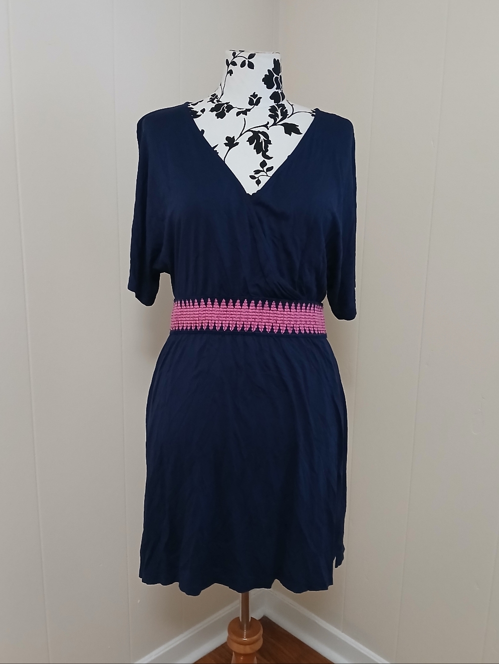 Navy V-Neck Dress with Pink Smocked Waistband
